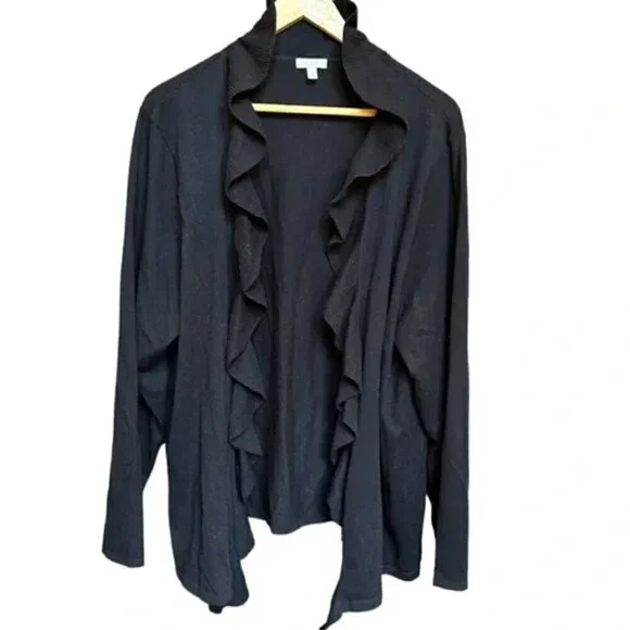 Talbots Black Ruffle Open Front Cardigan Sweater, M