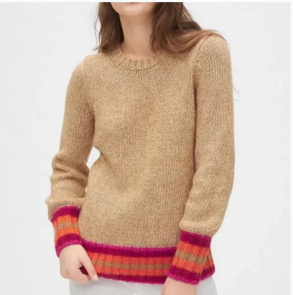 GAP Blouson Novel Sweater in Camel Heather Alpaca Wool Blend Sm Stripe Preppy