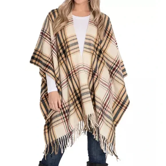 Woolrich Tan Plaid Fringe‎ Cozy Rauna Blanket Cape Wrap Shawl Womans One Size