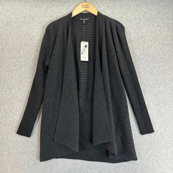 Eileen Fisher Merino Wool Ribbed Cardigan Sweater Charcoal Gray Size Medium NWT