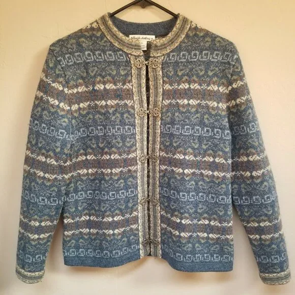 Telluride Clothing Womens XS Wool Fair Isle Cardigan Sweater Blue Chinese Button
