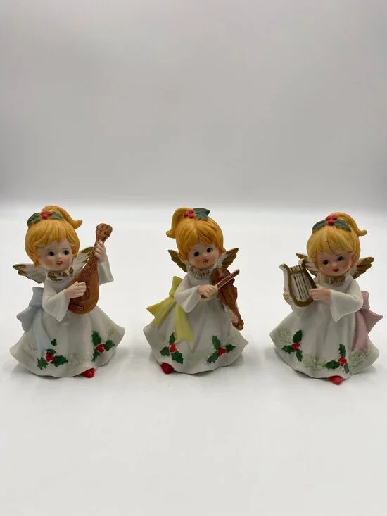 Homco Christmas Angels Playing Instruments Set of Three #5551 Violin Harp Lute