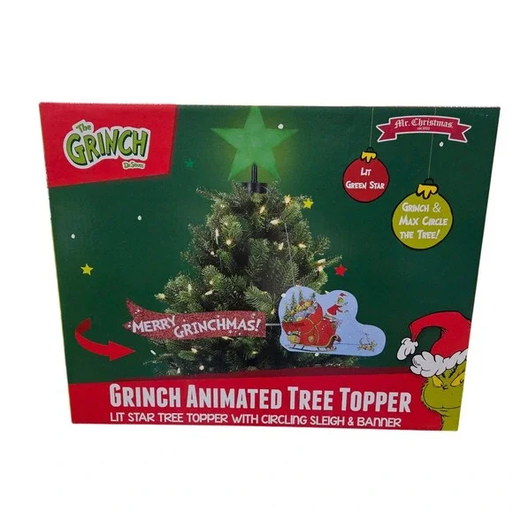Mr Christmas Grinch Animated Tree‎ Topper Lit Star Sleigh Banner 22in Indoor Use