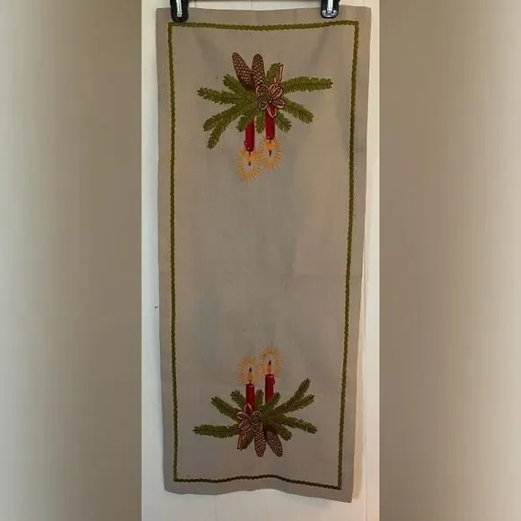 Beige Linen Table Runner Embroidered Christmas Candle Pinecone Vintage Decor 36