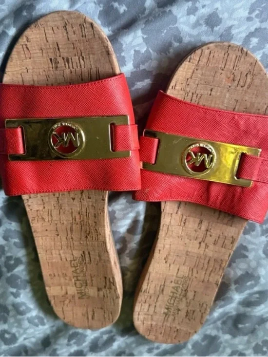 Michael Kors Red Slides with Gold MK Accent