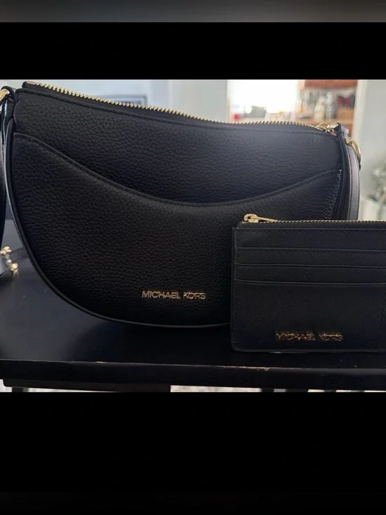 Michael Kors Black Pebbled Leather Crescent Crossbody with Card Case