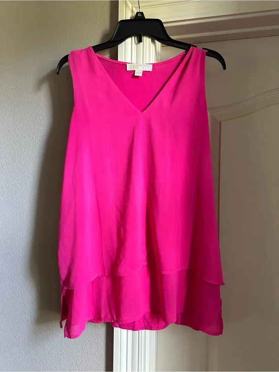 Michael Kors Bright Hot Pink V-Neck Layered Chiffon Tank