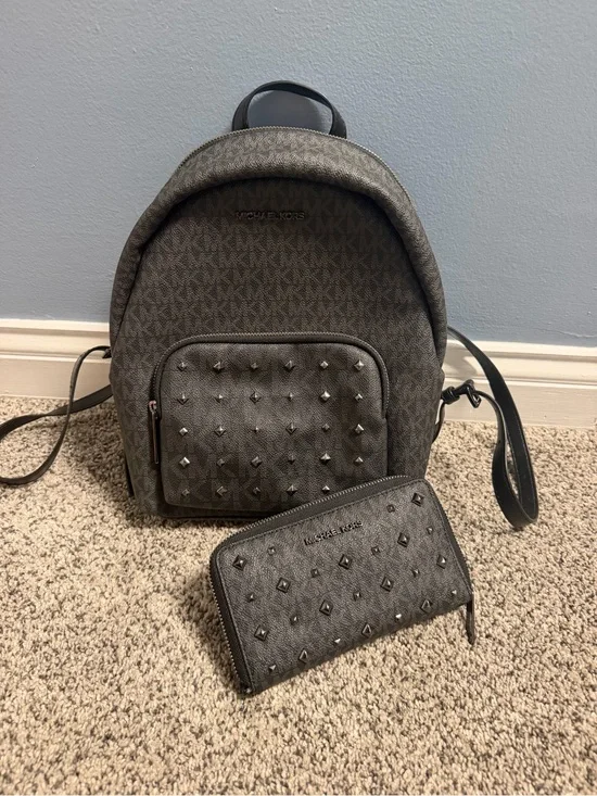 Michael Kors Black Studded Backpack and Zip Wallet Set