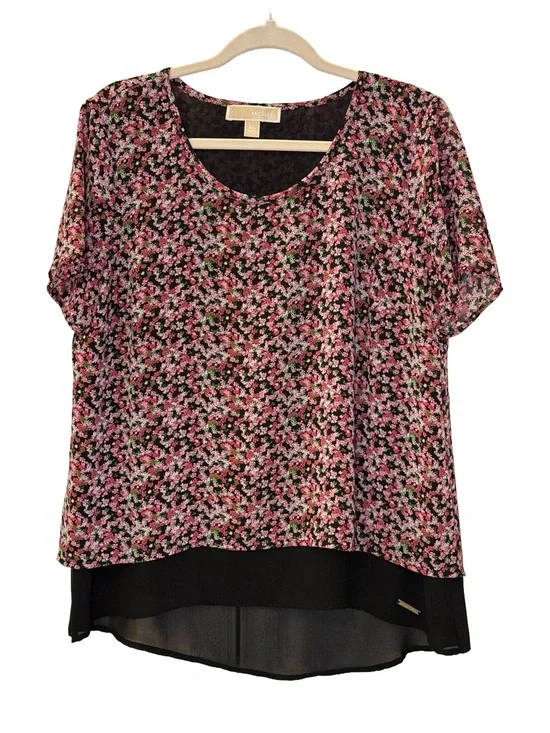 Michael Kors Pink Floral Layered Tunic with Black Hem
