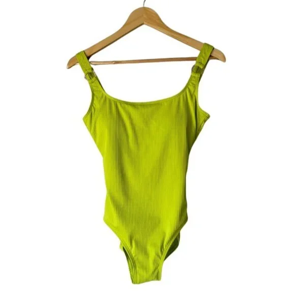 Michael Kors Vibrant Lime Green Ribbed One-Piece Swimsuit, Gold Accents, Small