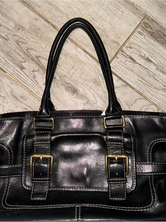 Vintage Michael Kors Black Leather Satchel with Brass Buckle