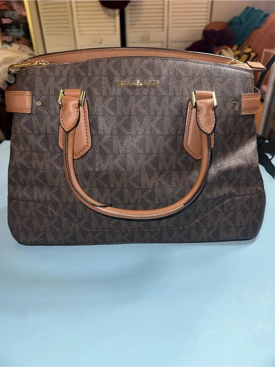 Michael Kors Brown Signature Satchel with Tan Handles and Trim