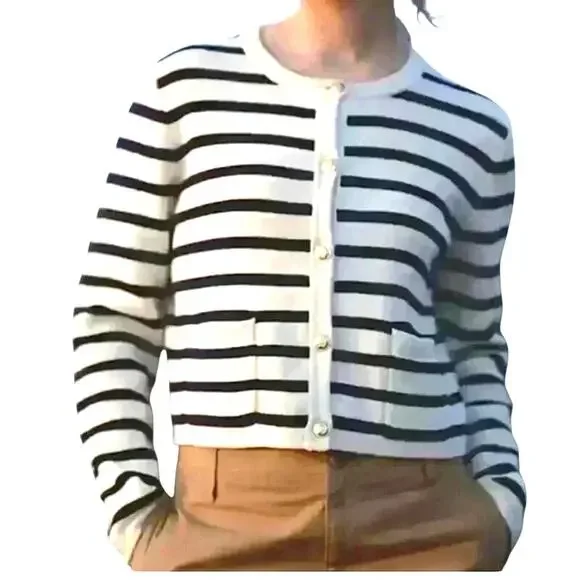 Jessica Simpson Cardigan Nautical Stripe Cropped Gold Buttons XL Coastal Grandma