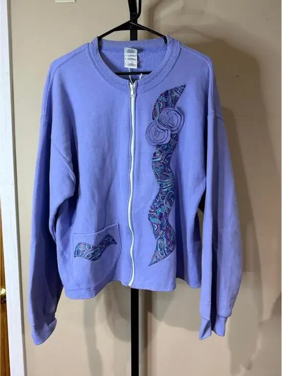 Lavender Zip-Up Sweater with Paisley and Floral Applique Large Handmade  Large
