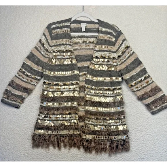 Chico's Cardigan Sweater Womens‎ 2 Brown Striped Sequin Fringe Open Knit Boho