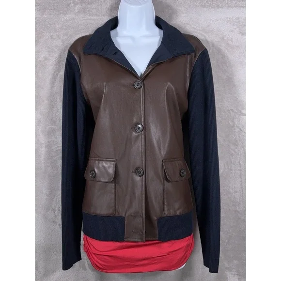 Lauren Ralph Lauren Faux Leather Cardigan Womens Large Blue Brown Sweater
