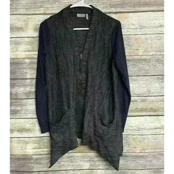 LOGO Lori Goldstein‎ Womens XS Marled Gray Black Knit Sweater Full Zip Pockets