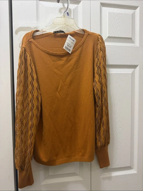 Women's Mustard Knit Sweater with Lace Puff Sleeves