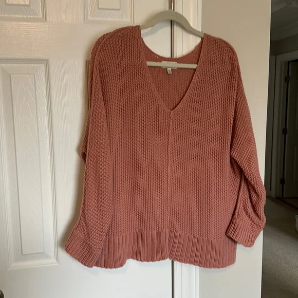 Lucky Brand Dusty Rose Pink Chunky Textured Knit V Neck Sweater Size M
