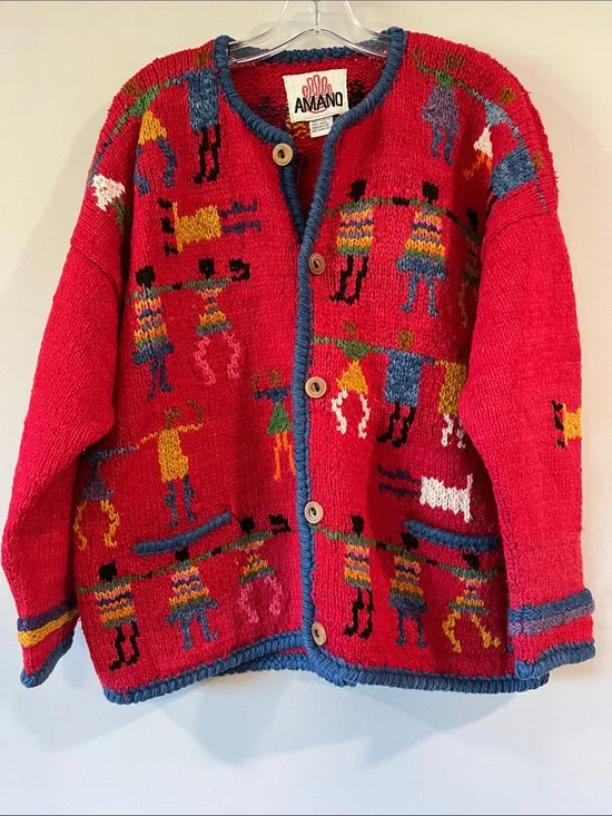 Amano - Vintage, Red Knit Folk Art Cardigan with Multicolor Figures