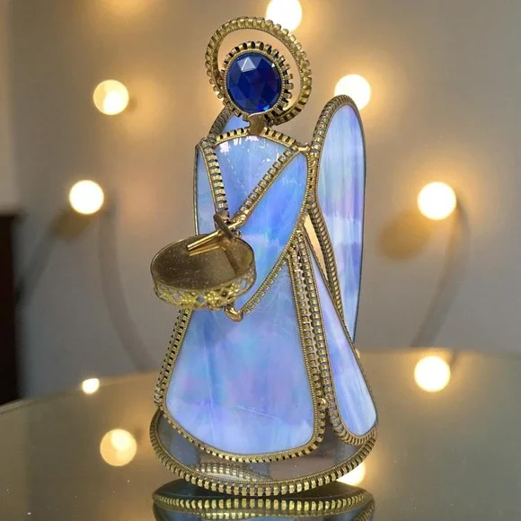 Stunning Stained Glass‎ Angel Figurine with Drum and Blue Gem Halo