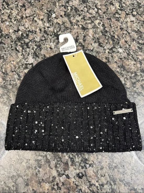Michael Kors Black Sequin Cuff Knit Hat NWT