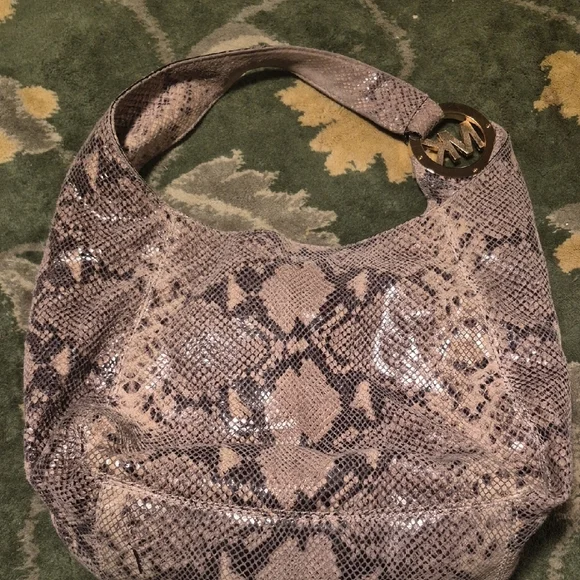 Michael Kors Taupe Snakeskin-Print Shoulder Bag with Gold MK Accent