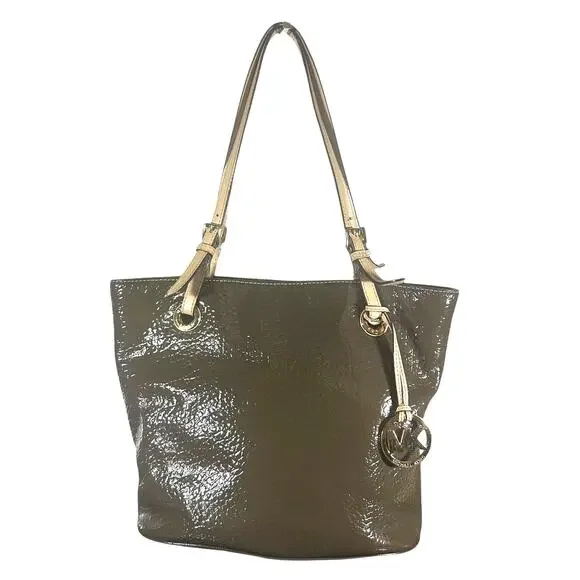 Michael Kors Brown Patent Leather Tote Bag Gold Hardware Shoulder Handbag