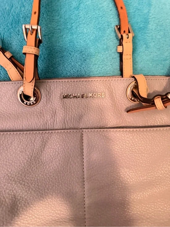 Michael Kors Pebbled Leather Tote in Light blue  with Tan Straps