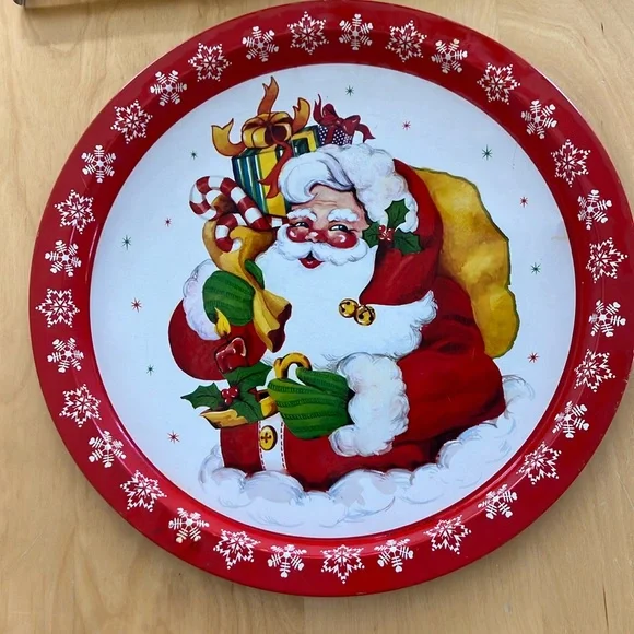 Vintage Jolly Santa Claus Tin Serving Tray‎ red & white good used condition