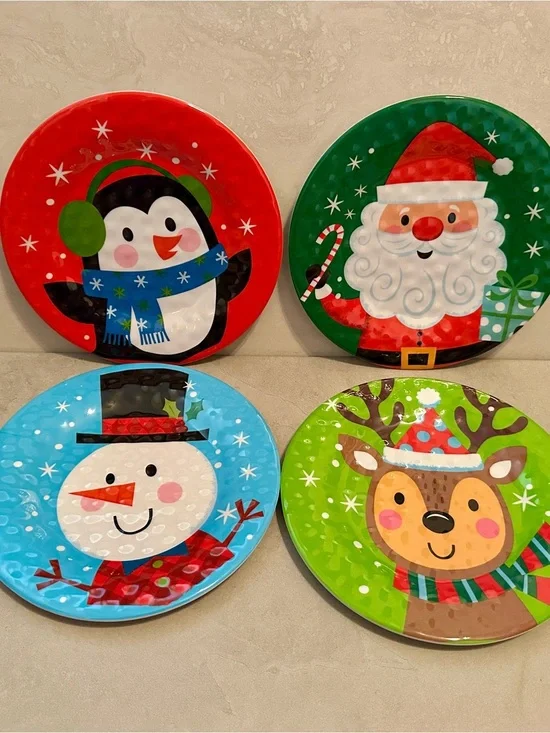Sleigh Bell Bistro Christmas Melamine 8” Plates Set: 4 Santa Reindeer Snowman