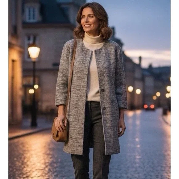 Eileen‎ Fisher Gray Knit Open Front Jacket Longline Cardigan Pockets
