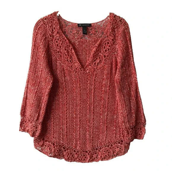 INC Red Orange Open Knit Crochet V Neck Long Sleeve Sweater XL Boho Chic Coastal