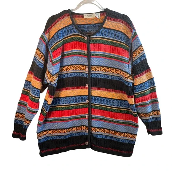 Vtg Cottagecore Grandpacore Cotton Fair Isle Cardigan Sweater Colorful XL