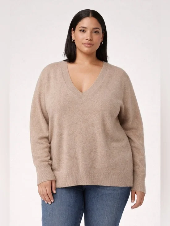 Universal Standard 100% Cashmere V-Neck Sweater Taupe 1X Soft Luxe Knit