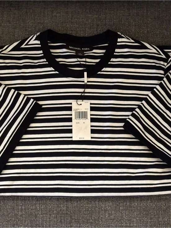 NWT Michael Kors Black White Striped Crew Neck Tee Shirt Women’s Medium