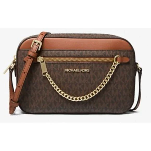 Michael Kors Womens Brown Logo Jet Set Large Crossbody Hand Bags New