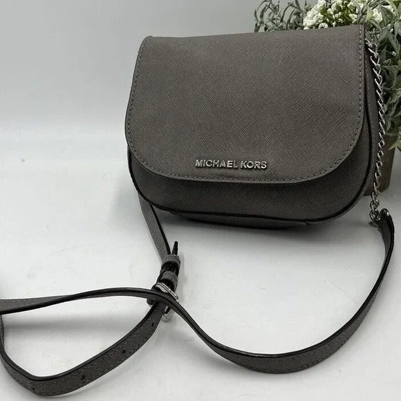 Michael Kors Bedford Medium Flap Gray Crossbody Silver Tone Chain Strap Hardware