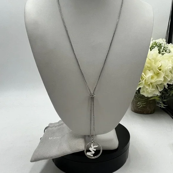 Michael Kors Silver Plated Pave Crystal Pave MK Logo Lariat Box Chain Necklace