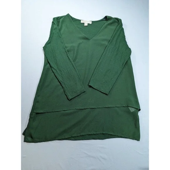 Michael Kors Woven Knit Layered Women's Mixed Hem V-Neck‎ 3/4 Sleeve Top Small