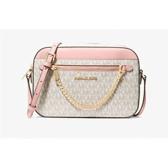 Michael Kors Womens Pink Blush Cream Jet Set Large Logo Crossbody Bag New