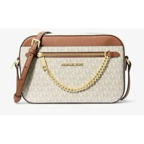 Michael Kors Logo Womens Tan Brown Jet Set Large Logo Crossbody Handbags New