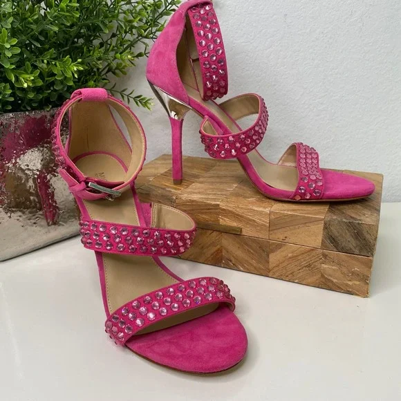 Michael‎ Kors Amal Pink Suede Crystal Embellished Ankle Strap Heels Size 10M