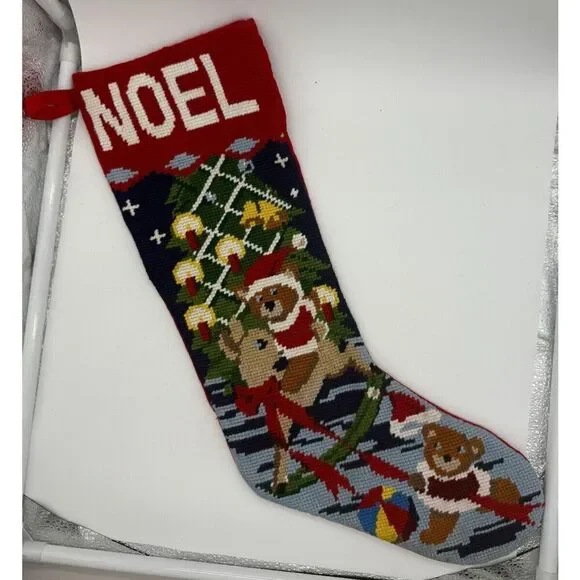 Toys Tree Needlepoint Christmas Stocking Cross Stitch Bear Ball‎ Complete VTG