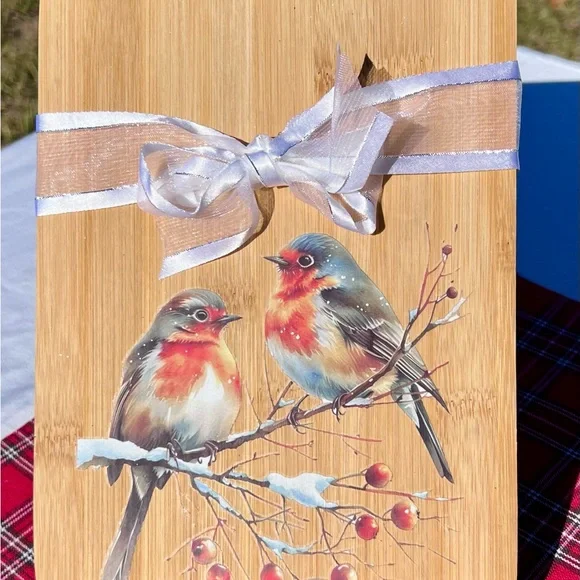 Festive Bamboo Cutting Board With Gorgeous‎ Winter Birds Nestled on a Branch