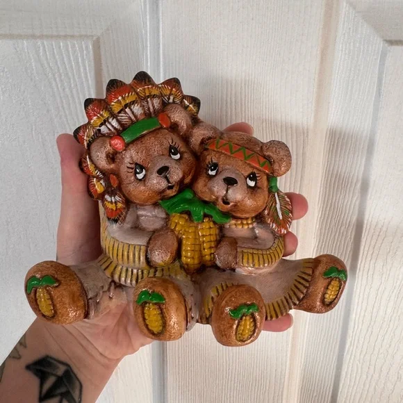 Vintage Hand Painted Ceramic Thanksgiving Teddy Bears Native American Figurine