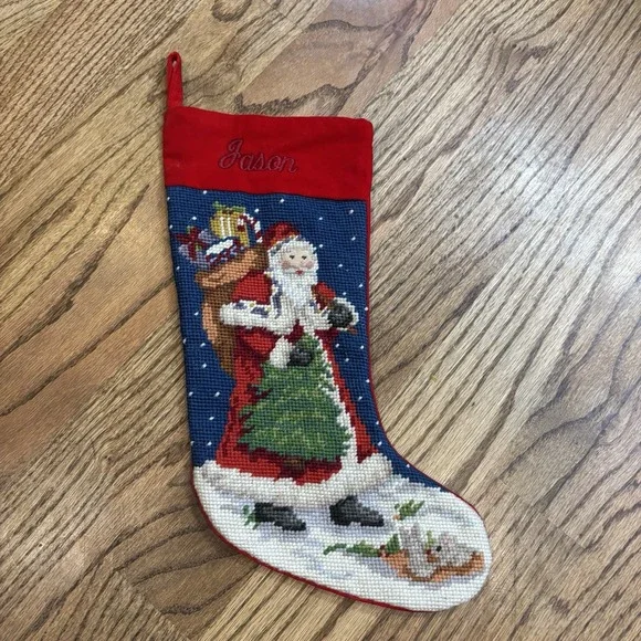 Vintage Needlepoint Christmas Stocking‎ Santa Tree Sack Toys Monogram 