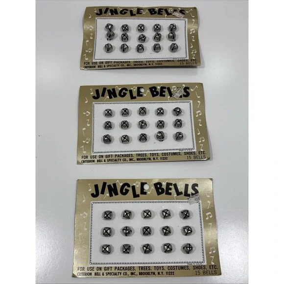 Vintage Jingle Bells On‎ Card 3 Sizes 15 Silver Bells Made in USA Lot Of 3