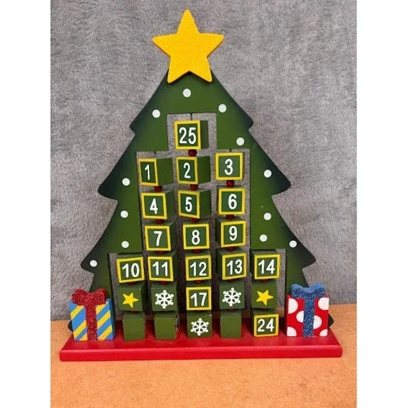 Very Merry‎ Advent Calendar Wooden Christmas Tree Tabletop Decor Green