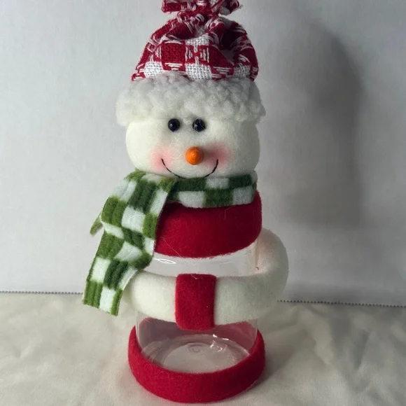 Snowman Christmas Candy Jar Plush Hat‎ Scarf Treat Container Holiday Decor